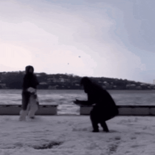 a couple of people standing in the snow near a body of water