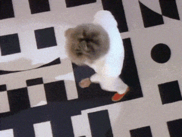 a person walking on a checkered floor with the letter n in the middle