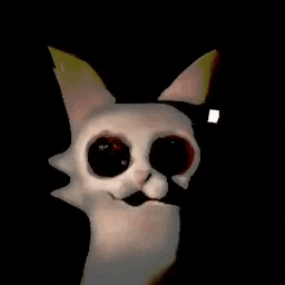 a white cat with black eyes and a yellow ear is looking at the camera in the dark .