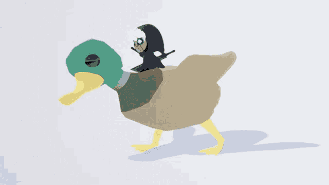 a duck with a grim reaper riding on its back