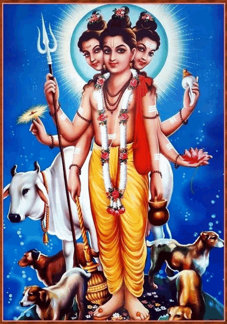 a painting of a man holding a trident surrounded by animals