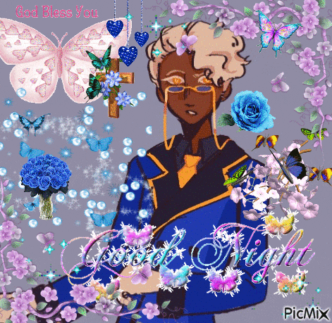 a picture of a man surrounded by butterflies and flowers with the words good night written on it
