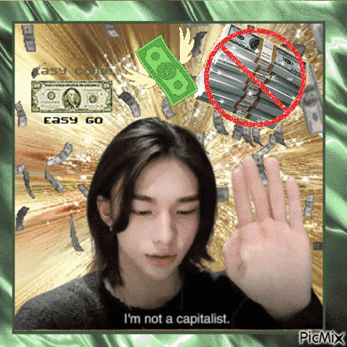 a picture of a girl with money falling around her and the words " i 'm not a capitalist "