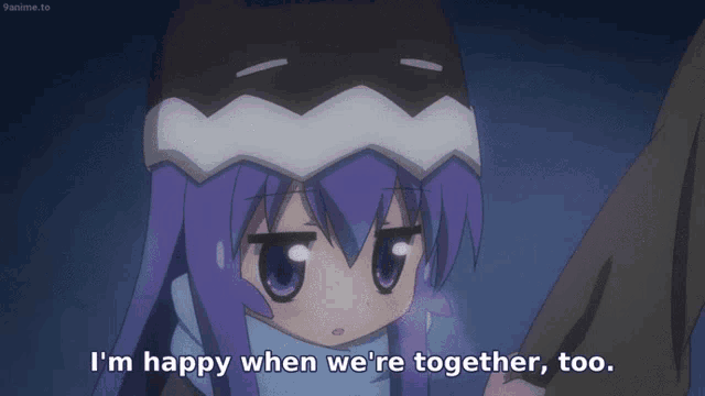 a girl with purple hair says " i 'm happy when we 're together "