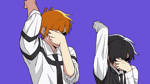 a cartoon drawing of two people covering their faces