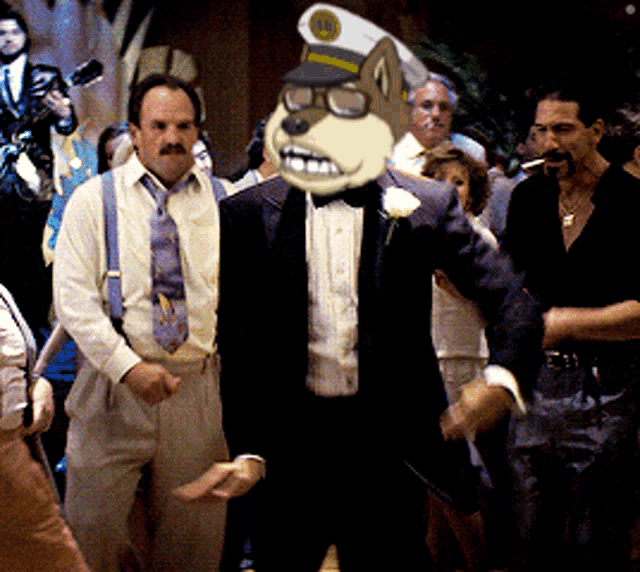 a man with a dog mask on his face stands in a crowd