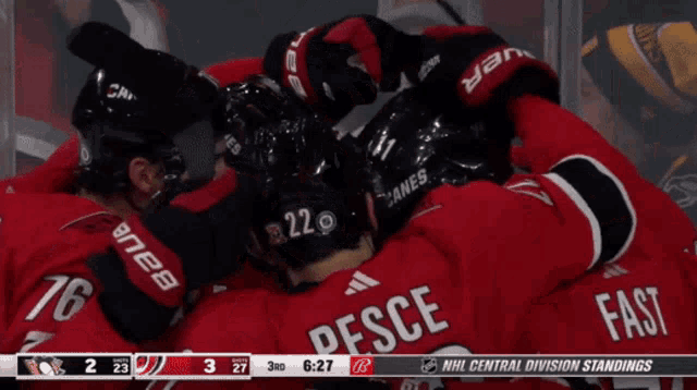a hockey player named skejei is hugging another player