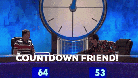 two men sitting at a table with a clock behind them and the words " countdown friend "