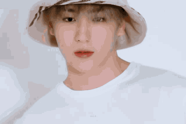 a close up of a person wearing a hat and a white shirt with the number 3 on the bottom right