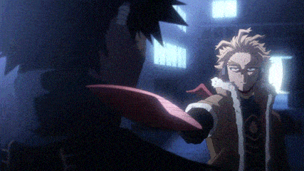 two anime characters are standing next to each other and one is holding a knife in his hand .