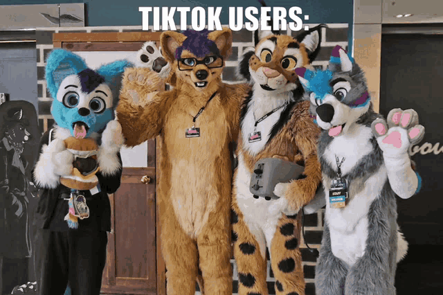 a group of furry costumes standing next to each other with the words tiktok users written above them