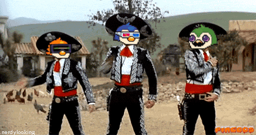 three cartoon characters are standing in a line with the word pinacos on the bottom right