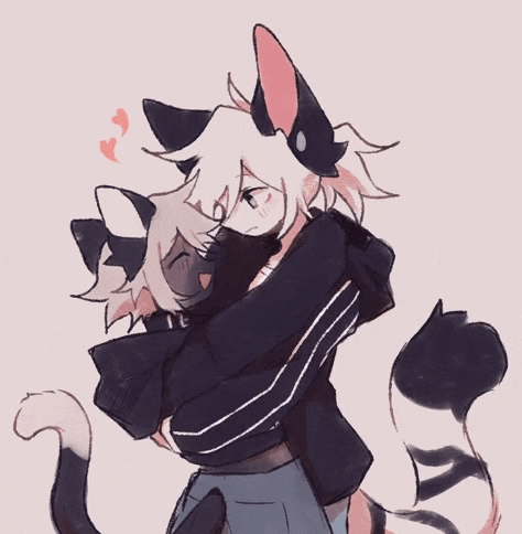 a drawing of a person hugging another person with a cat tail