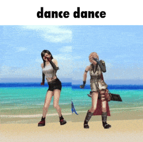 two video game characters are dancing on a beach with the words dance dance above them