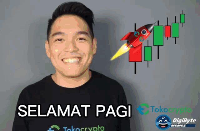 a man is smiling in front of a sign that says selamat pagi tokocrypto