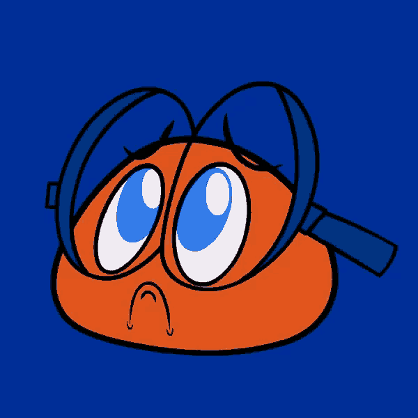 a cartoon character wearing glasses and a blue hat