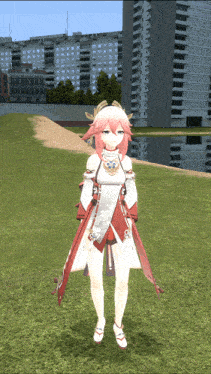 a girl with pink hair is standing in front of a building