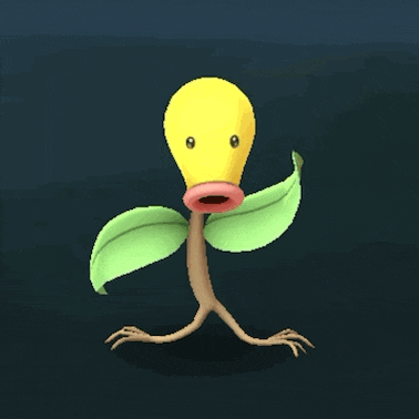a cartoon character with a yellow head and green leaves on a dark background