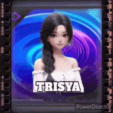 a girl with long hair is standing in front of a kodak film strip .