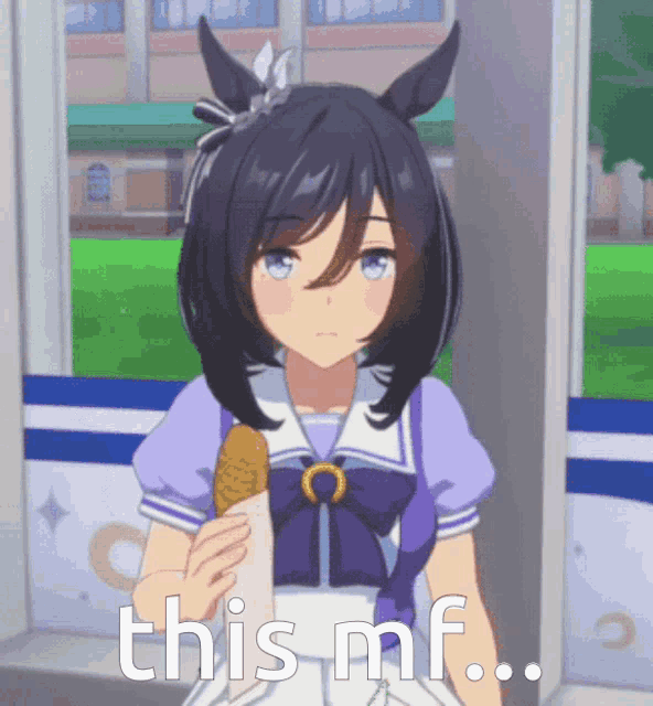 a anime girl is holding a piece of paper that says " this mf "