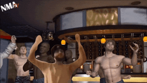 a group of shirtless men are dancing in a bar with nmax written on the bottom