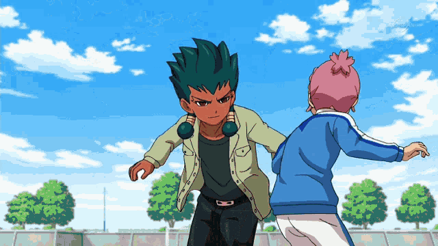 two anime characters are standing next to each other and one has a headphone on his ear
