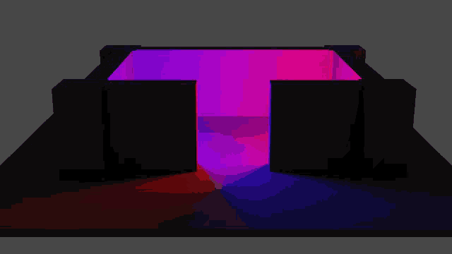 a dark room with red and purple lights coming out of the corner