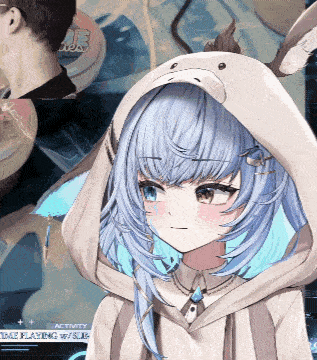 a girl with blue hair is wearing a rabbit hood
