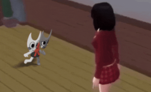 a girl in a red skirt stands next to two cartoon characters
