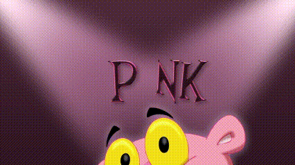 a pink panther with big yellow eyes is standing in front of a pink background that says pnk