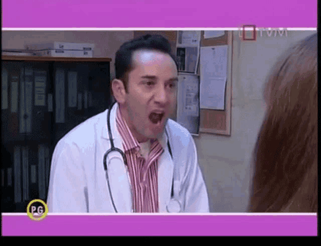 a man in a lab coat with a stethoscope around his neck is yelling