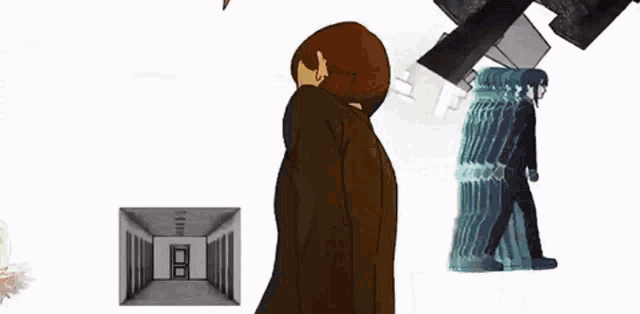 a cartoon of a man in a brown coat walking through a room .