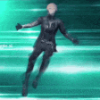 a person in a black suit is flying through the air in a green background .