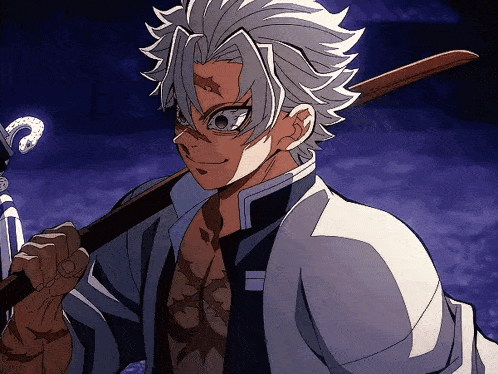 a man with gray hair is holding a sword and smiling .