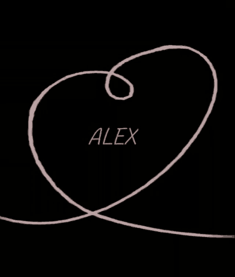 a drawing of a swirl with alex written in pink