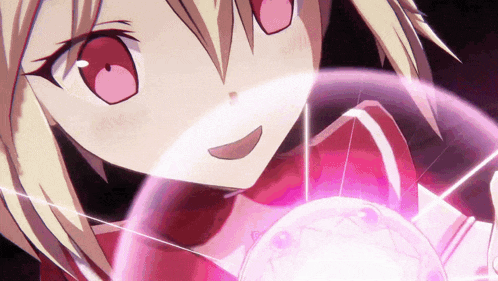 a girl with blonde hair and red eyes is holding a pink object