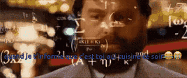 a man with a beard is standing in front of a chalkboard with equations on it