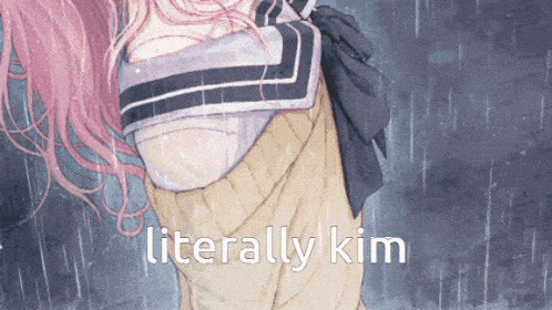 a girl with pink hair is standing in the rain with the words literally kim above her