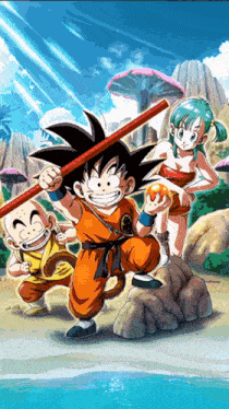 a group of cartoon characters including goku and bulma are standing next to each other