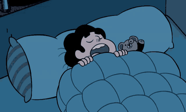 a cartoon character sleeping with a teddy bear