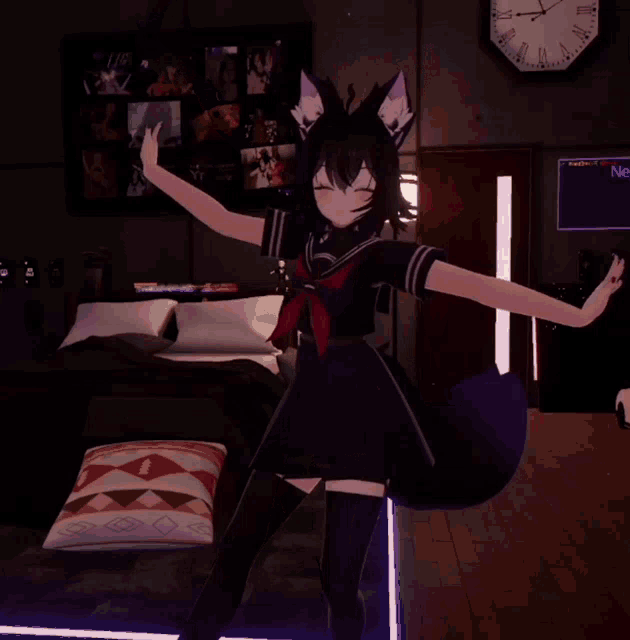 a girl dancing in a room with a clock on the wall that shows the time as 8:17