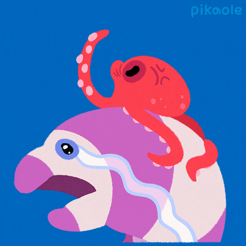 an octopus is riding on the back of a dolphin and the word pikaole is on the bottom right