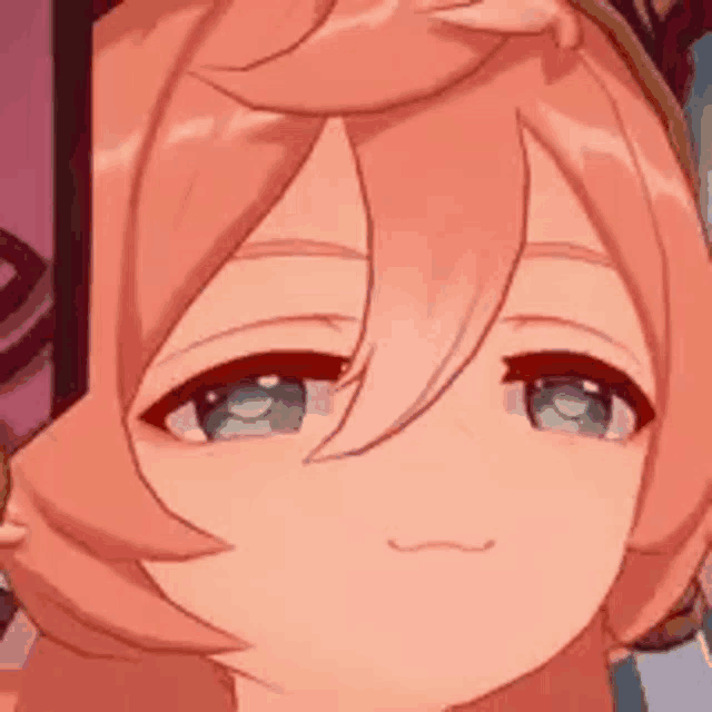 a close up of a cartoon character 's face with pink hair and blue eyes .