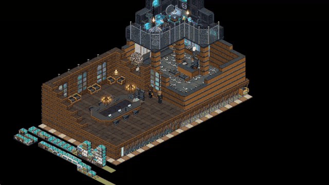 an isometric drawing of a room with a table and chairs in it
