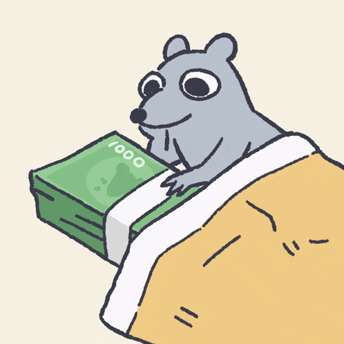 a cartoon mouse is laying in bed with a stack of 1000 bills