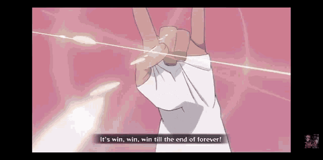 a hand is holding a string and says it 's win win win till the end of forever .