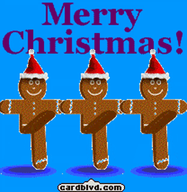three gingerbread men wearing santa hats with the words merry christmas
