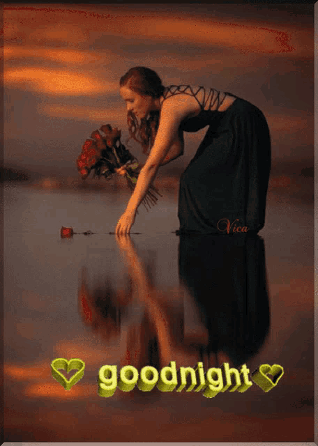 a picture of a woman holding a rose with the words goodnight written on it