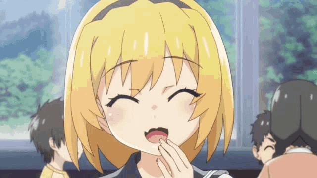 a cartoon girl with blonde hair is smiling with her mouth open