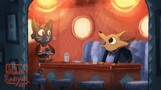 a cartoon of a cat and a fox sitting at a table with the year 2017 on the bottom right